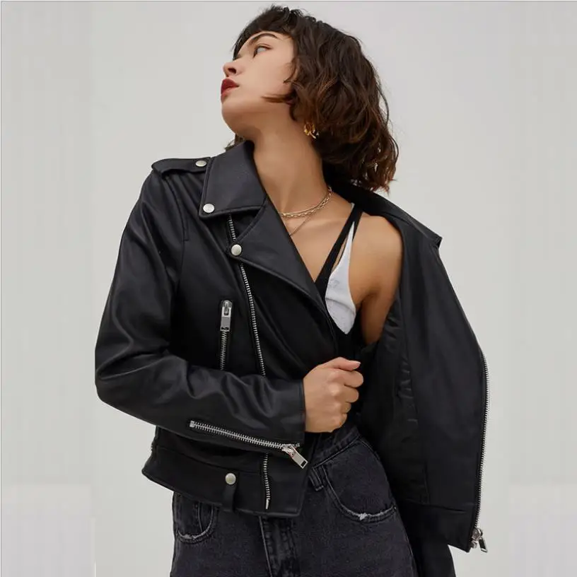 Blouson en cuir pu noir avec fermeture éclair pour femme, vêtement d'extérieur Punk, style Locomotive, F1470