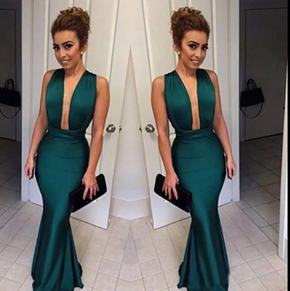 

Sleeveless Formal Dresses Floor-Length Prom Party Gown Evening Dress Trumpet Mermaid V-Neck Illusion Elastic Satin NONE Train