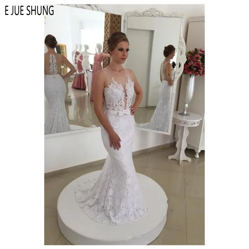 

EJUE SHUNG White Lace Beach Mermaid Wedding Dresses Sheer O Neck Zipper Back Bow Sashes Appliques Wedding Gowns Vestido De Novia