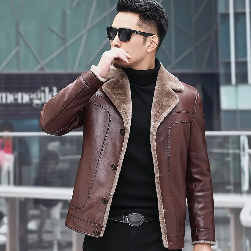 Winter Real Fur Mens Business Jacket Thick Warm Genuine Leather Biker Short Outerwear Luxury Sheepskin Shearling Coat Male