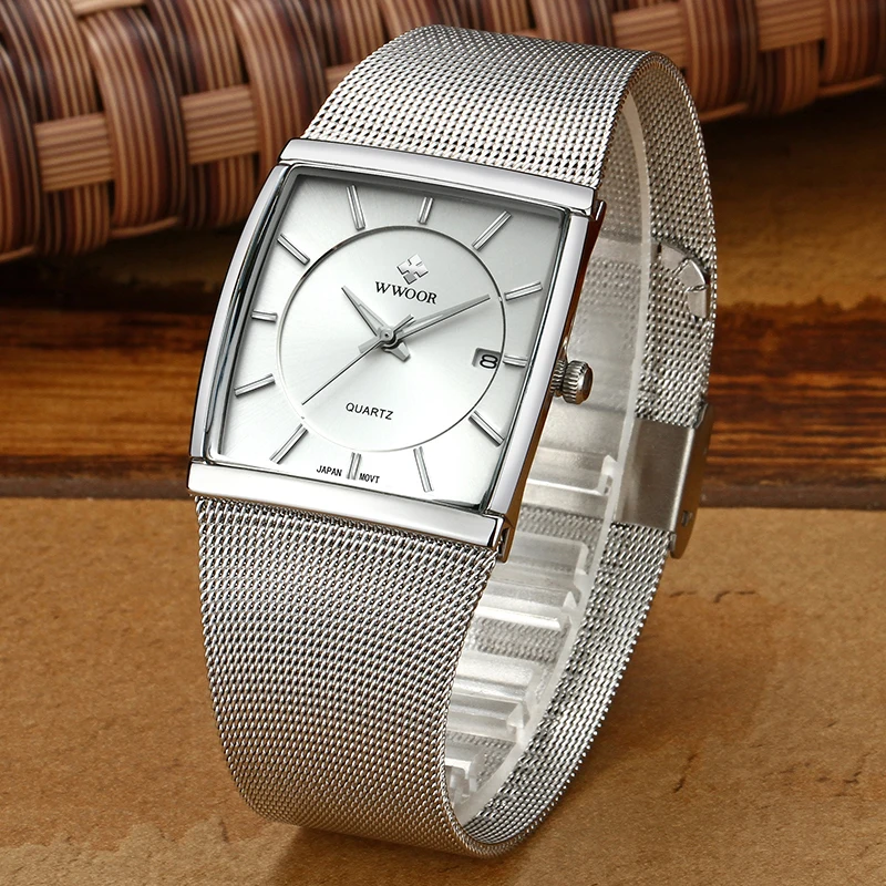 Reloj Hombre WWOOR Men Square Watches Slim White Watch Men Steel Mesh Waterproof Business Date Quartz Wrist Watch Gift Male xfcs