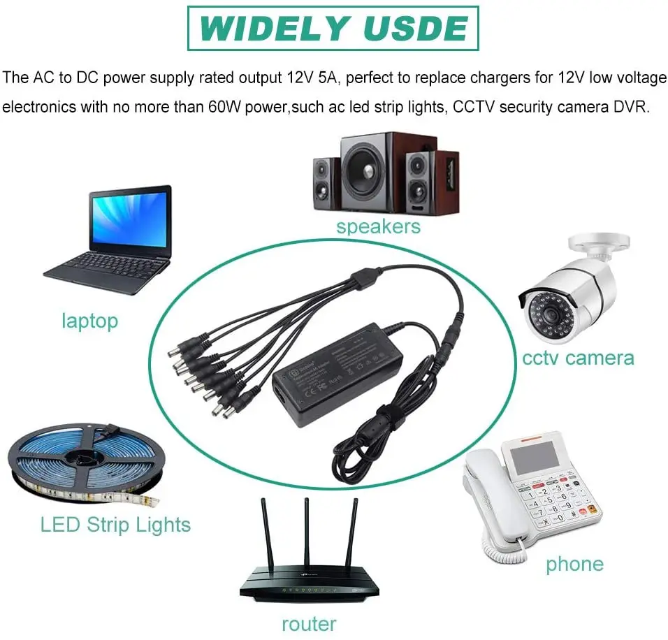60W 12V 5A Power Adapter AC to DC Switching Power Supply with 8-Way Power Splitter Cable for CCTV Camera DVR RGB LED Strip Light