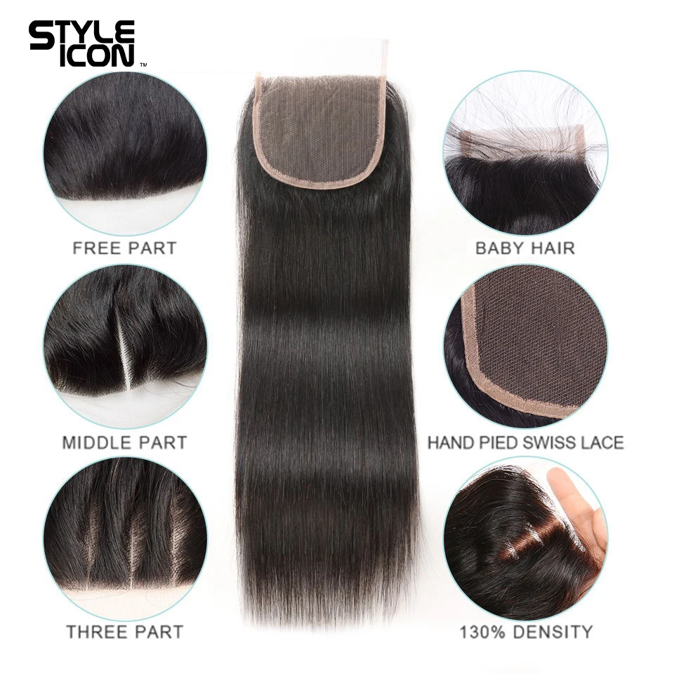 Styleicon Peruvian Straight Human Hair Bundles With Closure 3/4 Bundles Straight Hair Weave With Closure Long Hair Extensions