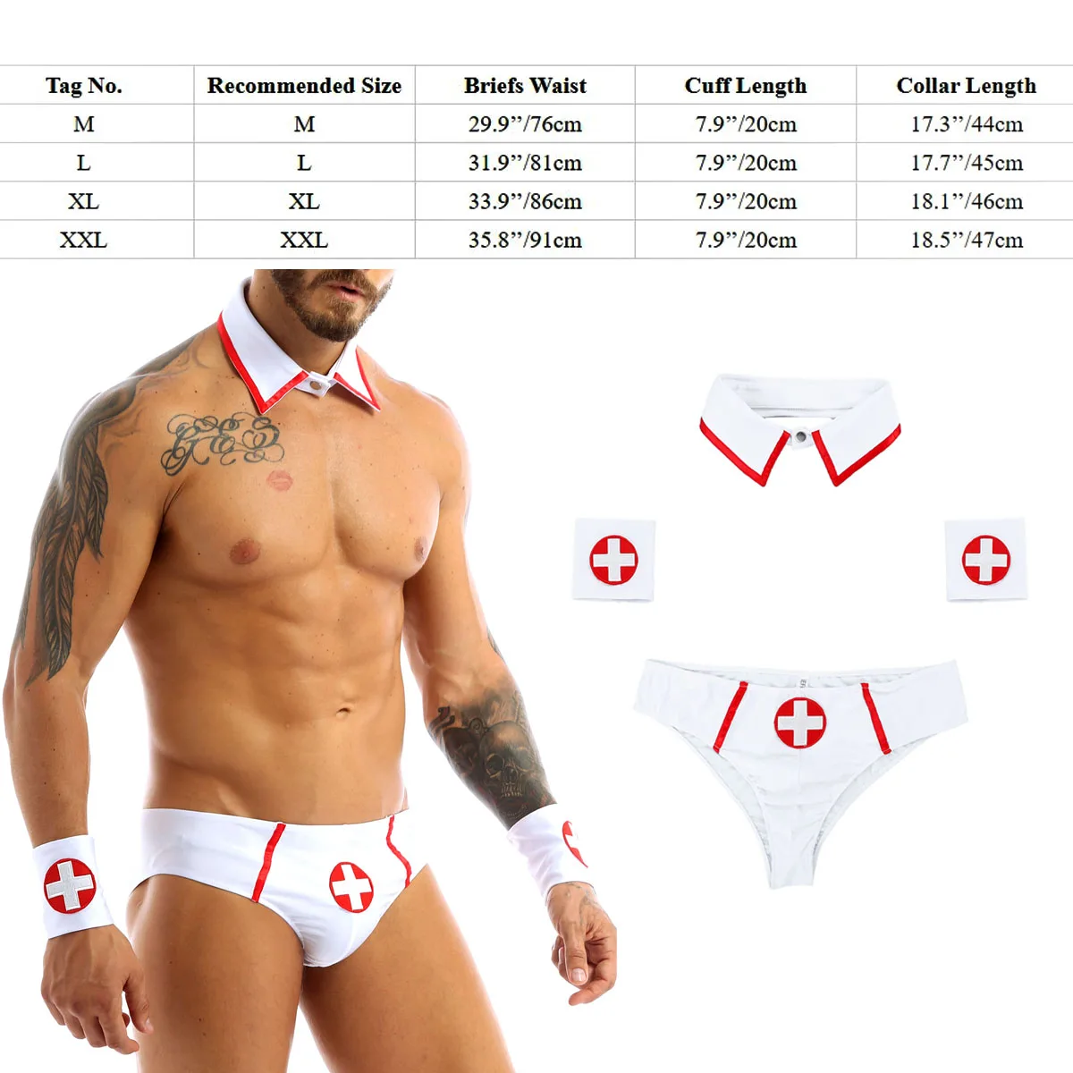 XXL Men Erotic Uniform Doctor Nurse Sexy Role Play Costume Outfits Briefs With Collar And Red Cross Cuff Set Sissy Crossdresser