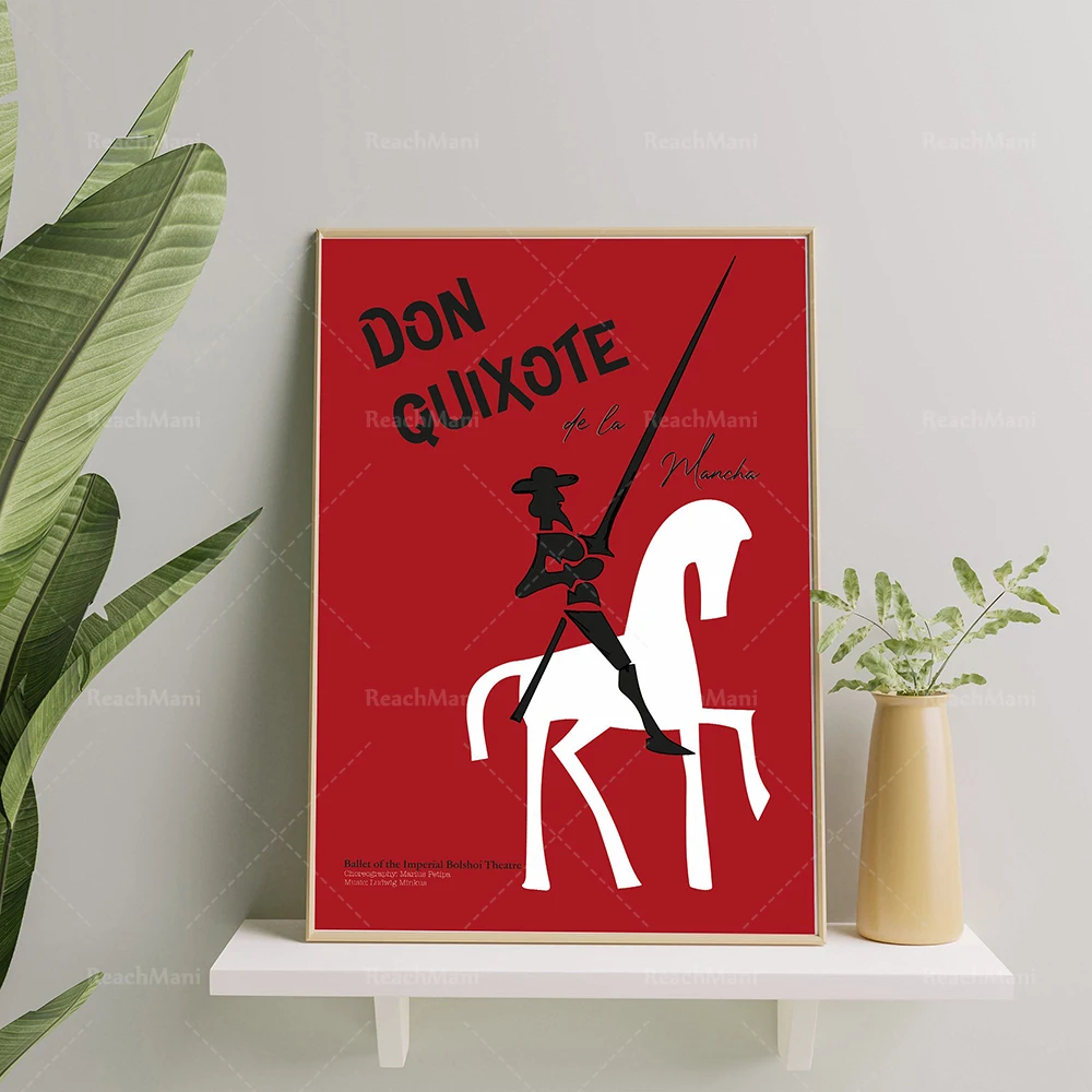 Don Quichotte de la Mancha-Cervantes-Théâtre Ballet Affiche-Rouge et Noir Design