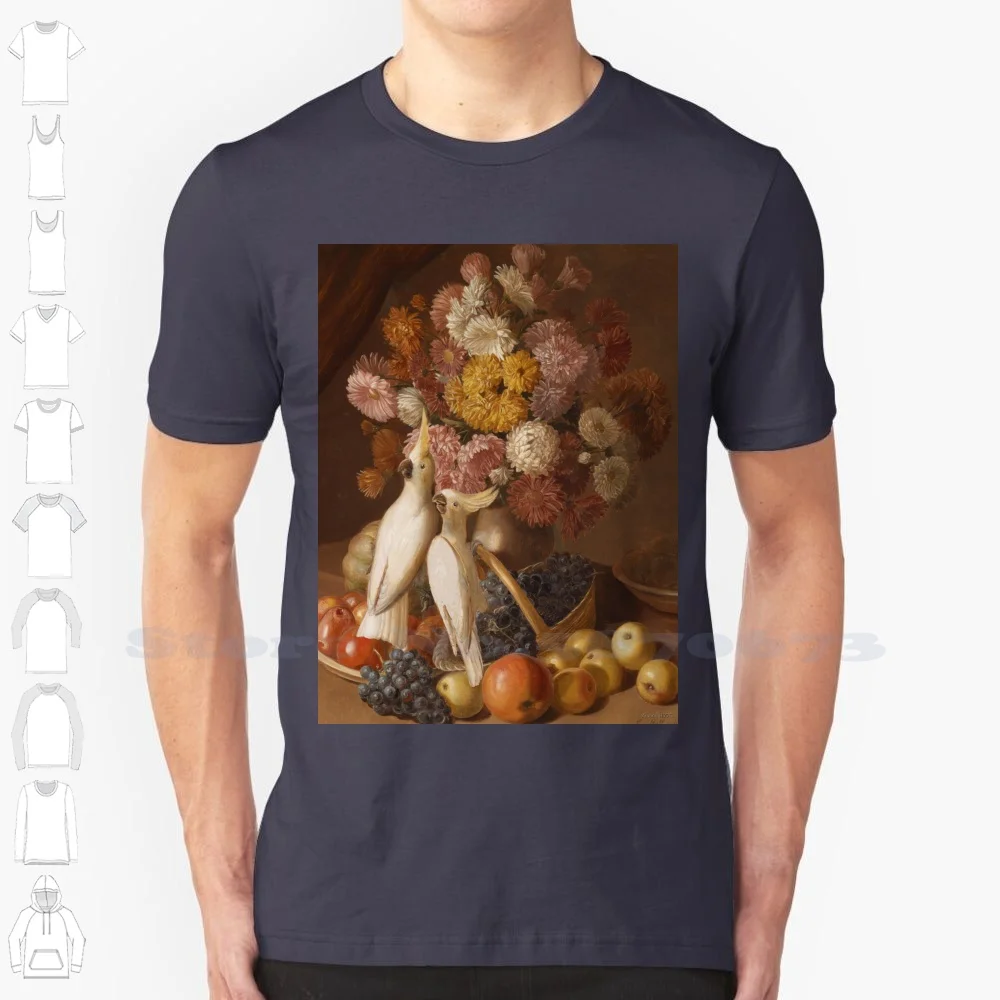 Still Life With Flowers With Fruit And Cockatiels By Leopold Von Stoll 1842 100% Cotton T-Shirt Leopold Von Stoll 1842 Dutch