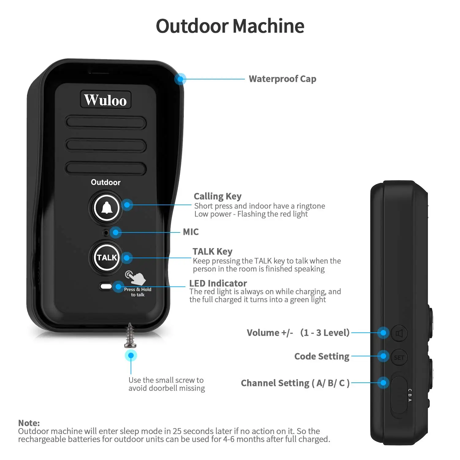 Wuloo Wireless Doorbells ระบบอินเตอร์คอม1/2ยาวไมล์ปรับปริมาณชาร์จ Doorbell Receiver แหวนกันน้ำ