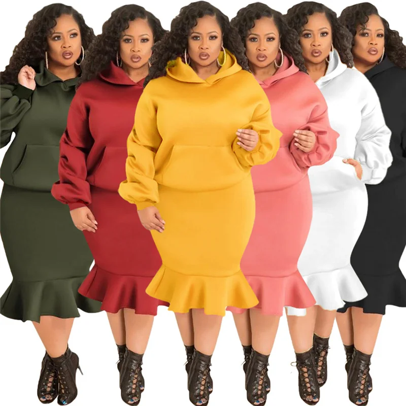 Two Piece Set Plus Size Women Clothing Sweatsuit Long Sleeve Hoodie Top High Waist Maxi Skirt Sets Winter Wholesale Dropshipping