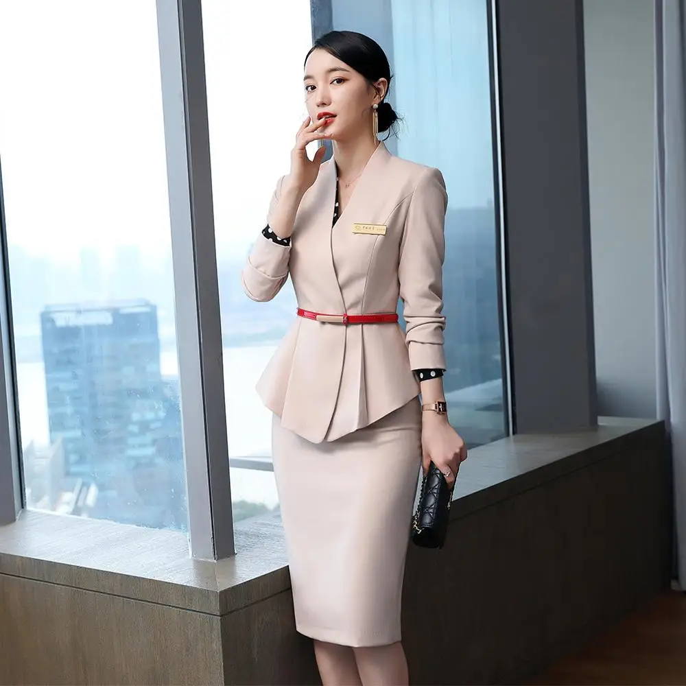 Elegant Ladies Blazer and Skirt Suit Women Green Black Apricot Formal 2 Piece Set High Quality Slim Business Work Wear Clothes