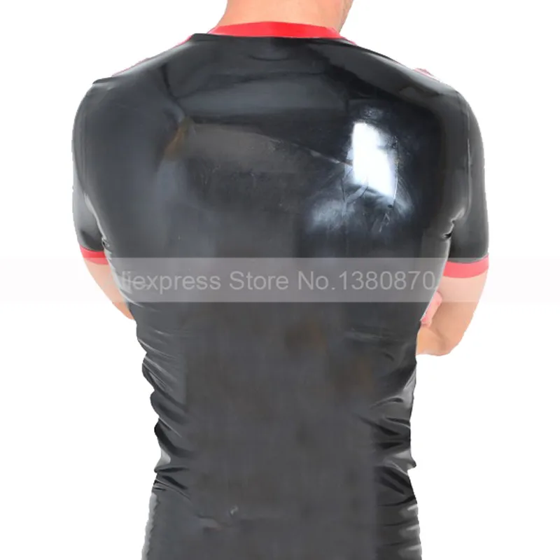 Handmade Latex Men T-shirt Black and Red Trims Rubber Short Sleeves Tee Shirt  S-LSM066