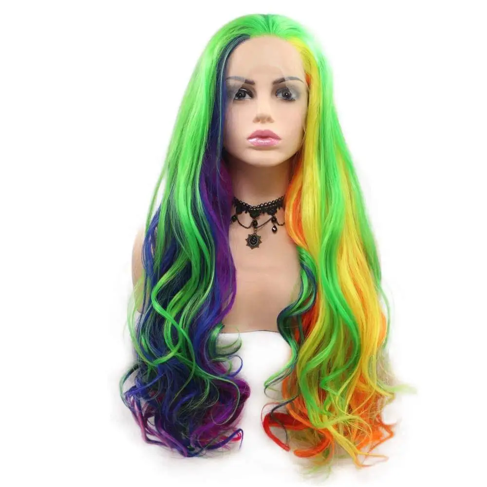 Multi-Colored Wigs Mix Colorful Rainbow Synthetic Lace Front Wig Orange Yellow Blue Green Pink Purple Red Soft Wavy Hair 26 Inch