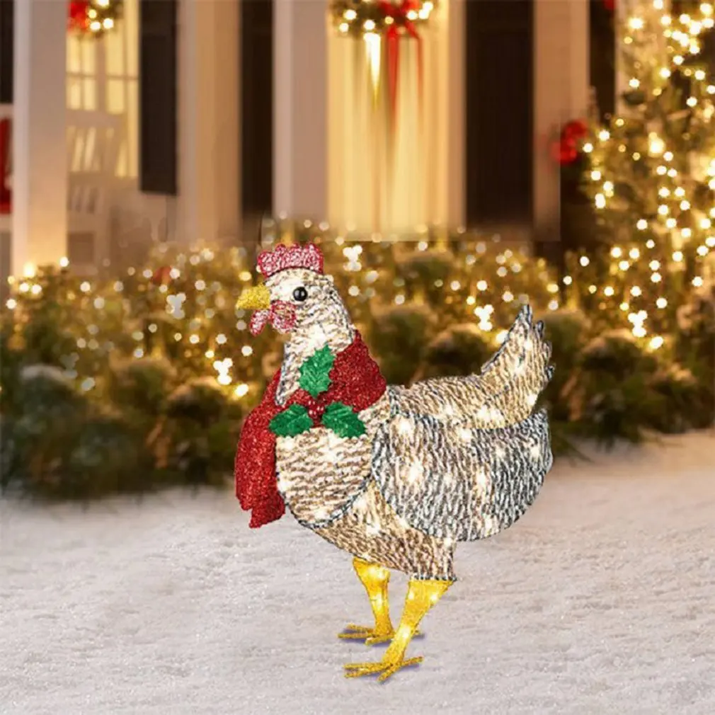 3D Stereo Lighted Chicken with Scarf Courtyard Christmas Led Solar Night Lights Garden Decoration Light-Up Chicken Lantern Lamps