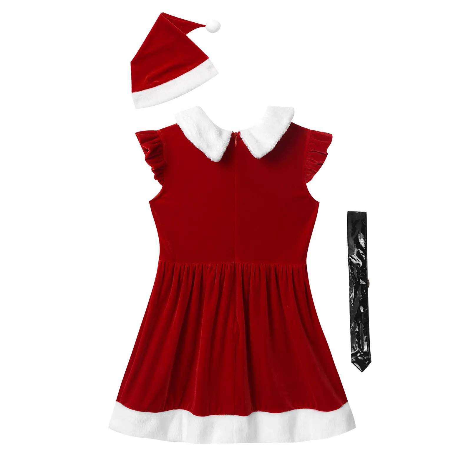 Kinder Sleeveless Rot Samt Kleid mit Hut und Bund Sets Mädchen Weihnachten Kostüm Urlaub Lust Cosplay Party Weihnachten Elf Outfit