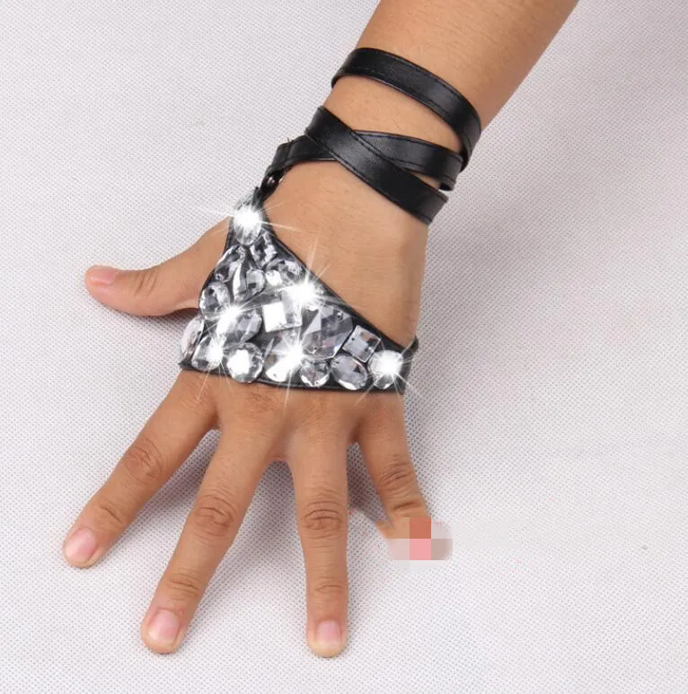 Women's fashion Hip-hop ds acrylic Rhinestone PU leather gloves lady's bandage night club performace punk gloves