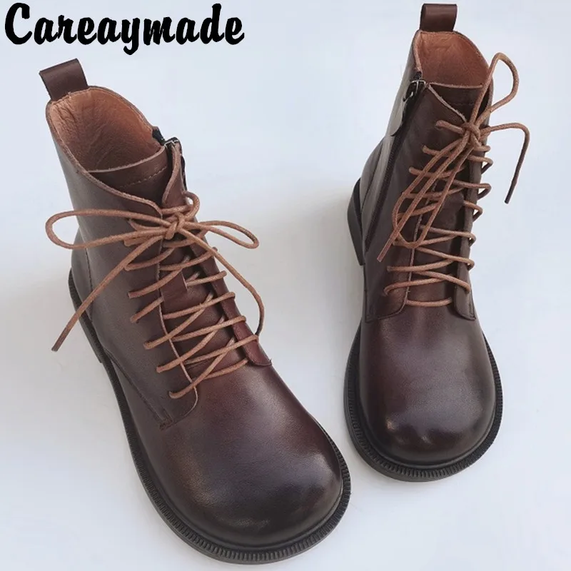 

Careaymade-Genuine Leather women's boots,retro literature art big head wide edition medium short wool boots warm Casual boots