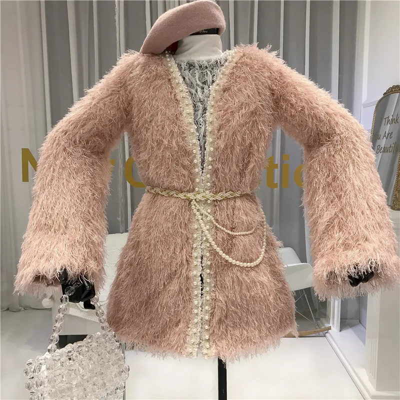 ALPHALMODA 2019 Winter Neue Frauen Plüsch Quaste Pelzmantel Perle Gestreiften Kragen Padded Dicke Warme Weibliche Mode Mantel Outfit