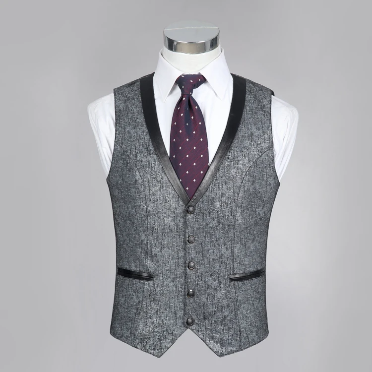 

Slim Fit Mens Genuine Vest Gray Print Casual Business Suit Sheepskin Real Leather Waistcoat Tops High Quality