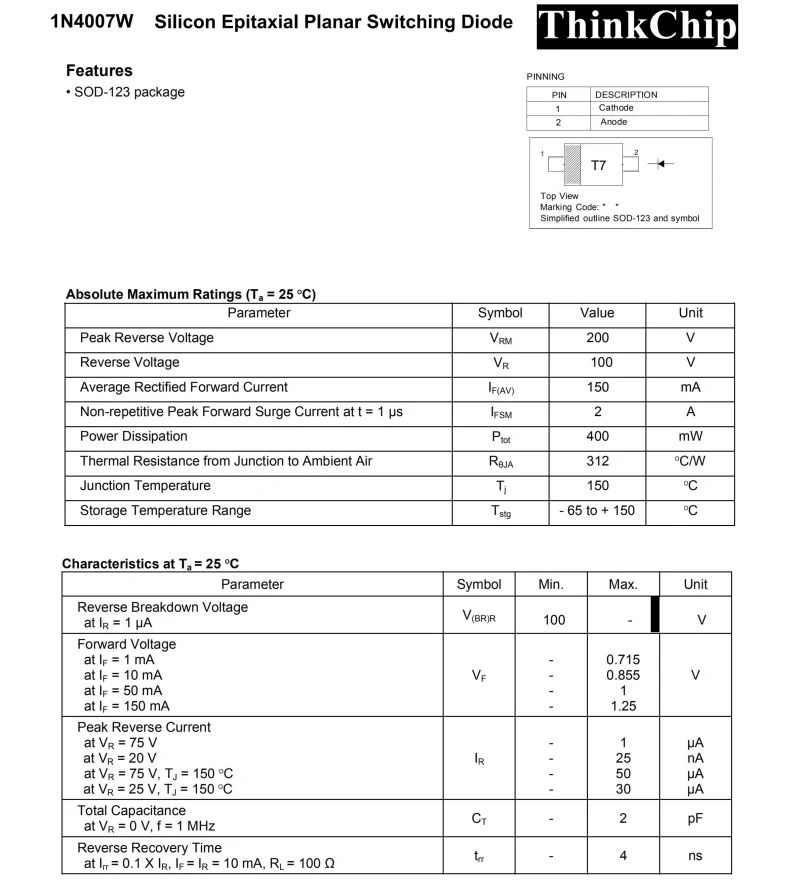 (100pcs) 1N4007W SOD-123 1206 SMD 스위치 다이오드 1N4007 (마킹 T7)