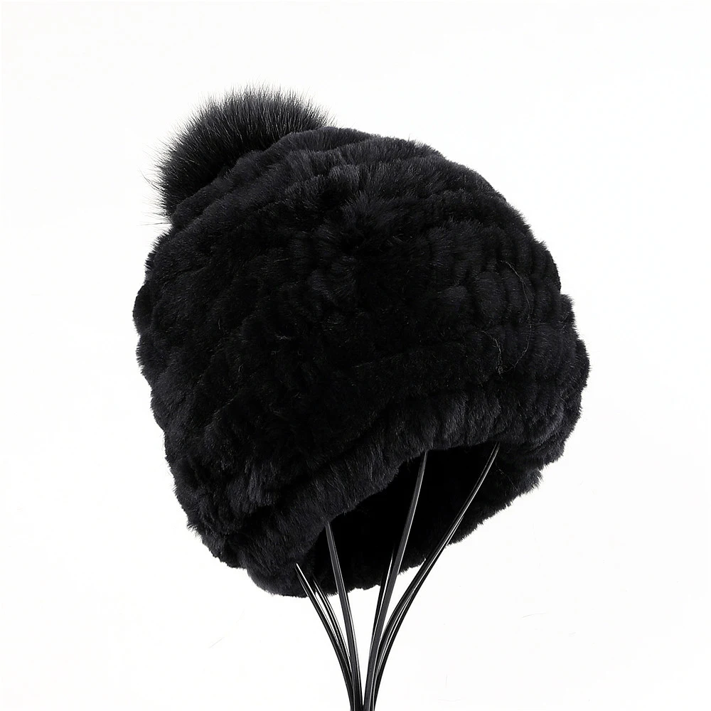 European Station Luxury Women's Real Rex Rabbit Fur Beanie Hats Lady Winter Warm Bucket Cap With Fox Fur Pom Poms Solid Color