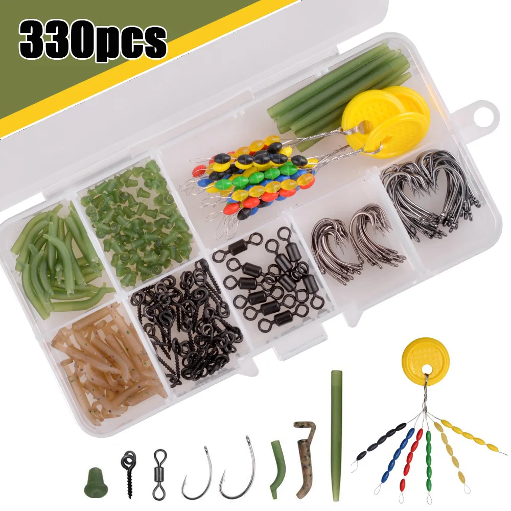 

330Pcs/Box Carp Fishing Accessories Kit With Carp Fishing Hooks Anti Tangle Sleeves Hook Stop Beads Bait Screw Rolling Swivel