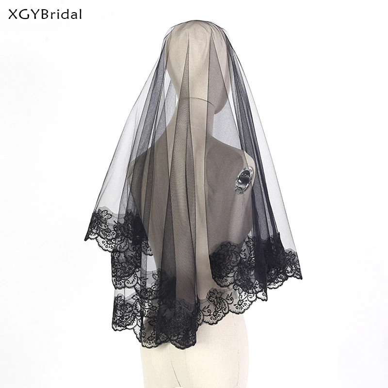 สั้นสีดำ Wedding Veils ขอบลูกไม้ผ้าคลุมหน้าเจ้าสาว1เมตรชั้นหนึ่ง Appliqued สำหรับปาร์ตี้ฮาโลวีน Veils งานแต่งงานอุปกรณ์เสริม