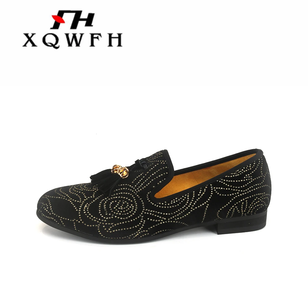 XQWFH Mens Black Embroider Loafers Luxury Rhinestone Moccasins Shoes Men Tassel Casual Slippers Slip On Flats Brand Dress Shoes