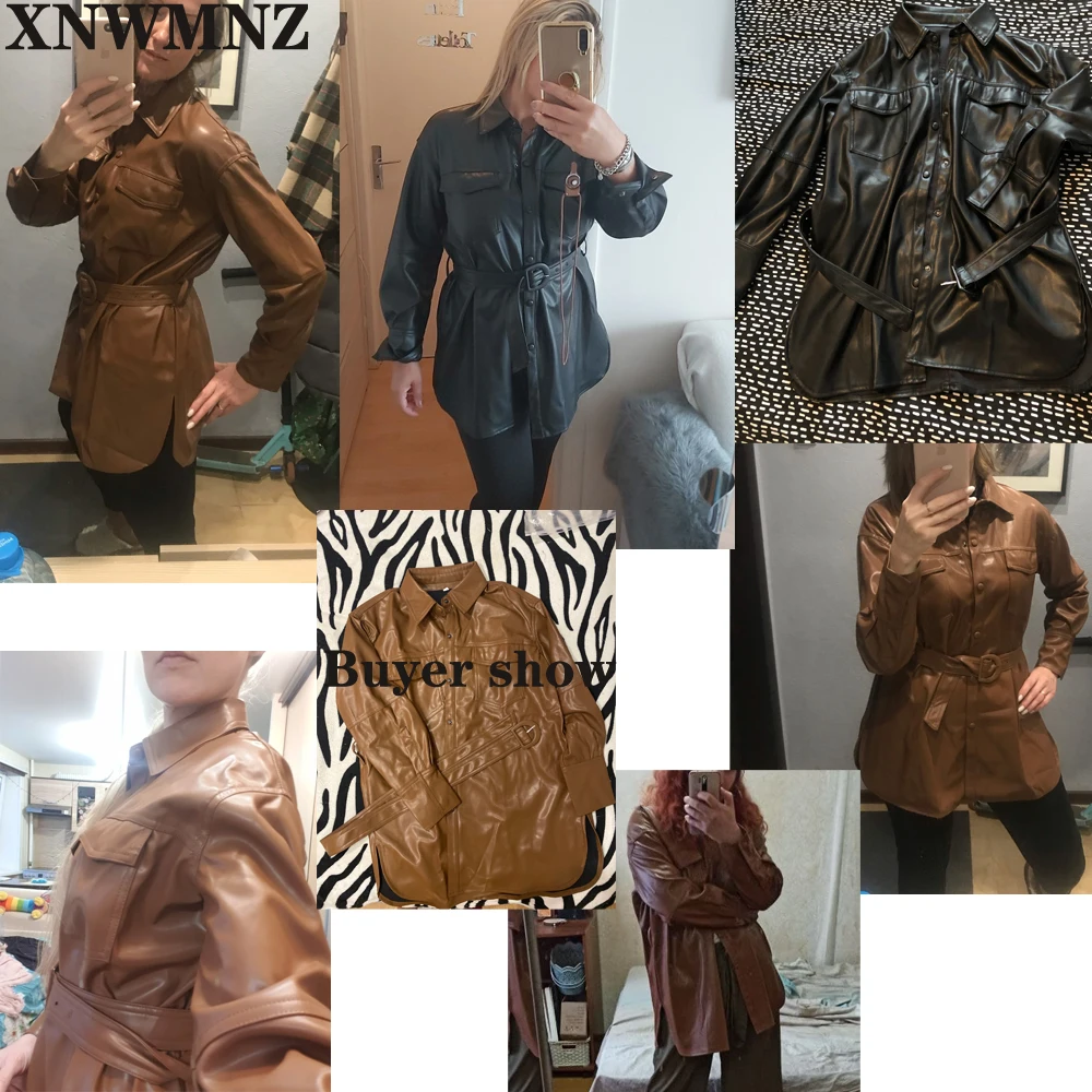 XNWMNZ-chaqueta holgada de piel sintética con cinturón para mujer, abrigo Vintage de manga larga con bolsillos, Tops Chic, moda 2020