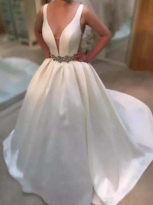 Gelinlik-vestido de novia largo de satén con hombros descubiertos, traje de novia A la moda, con faja y cuentas, con espalda descubierta