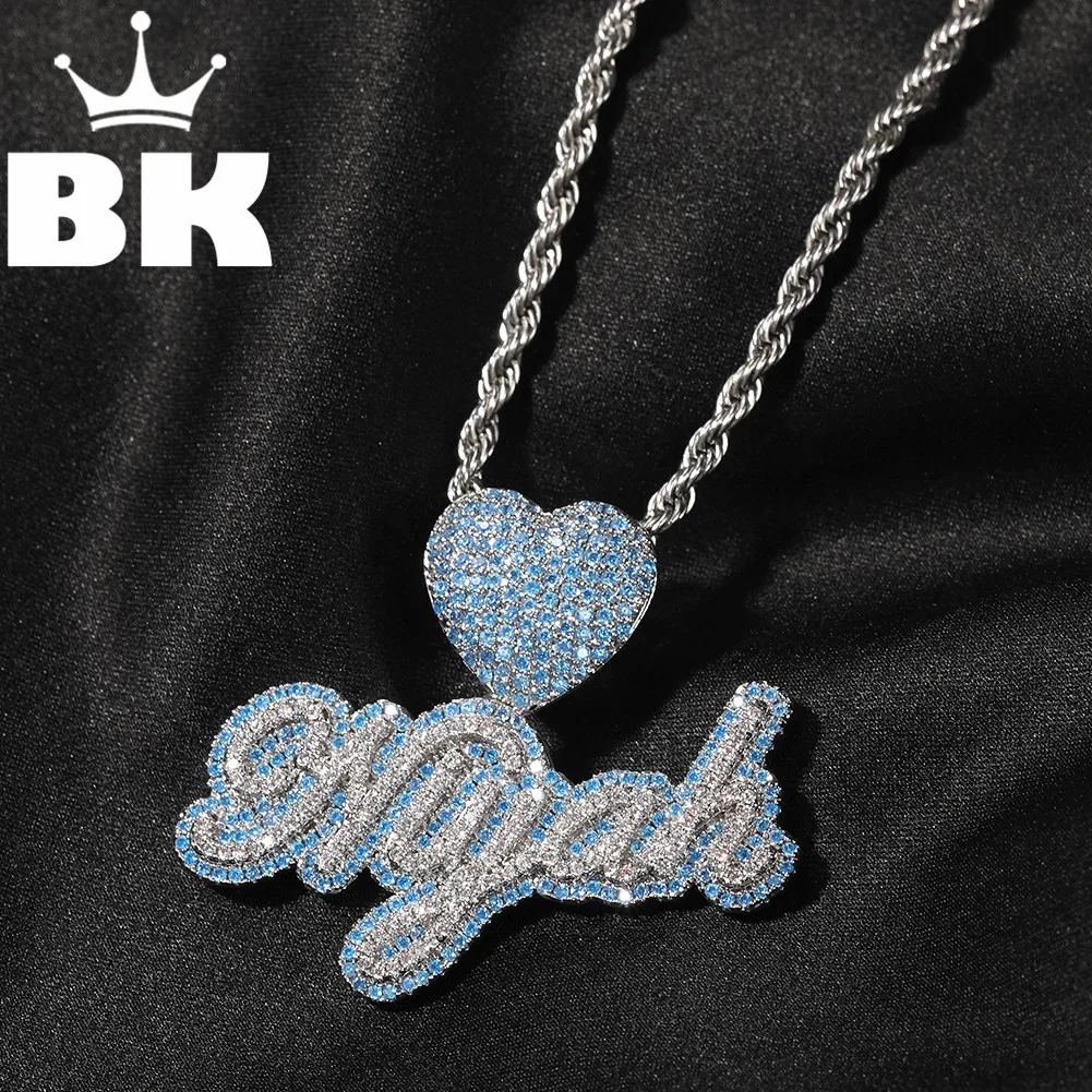 

HIP HOP Custom Bubble Initial Blue Letter Combination Words Name With Heart Clasp Necklace Full Iced Cubic Zirconia Jewelry