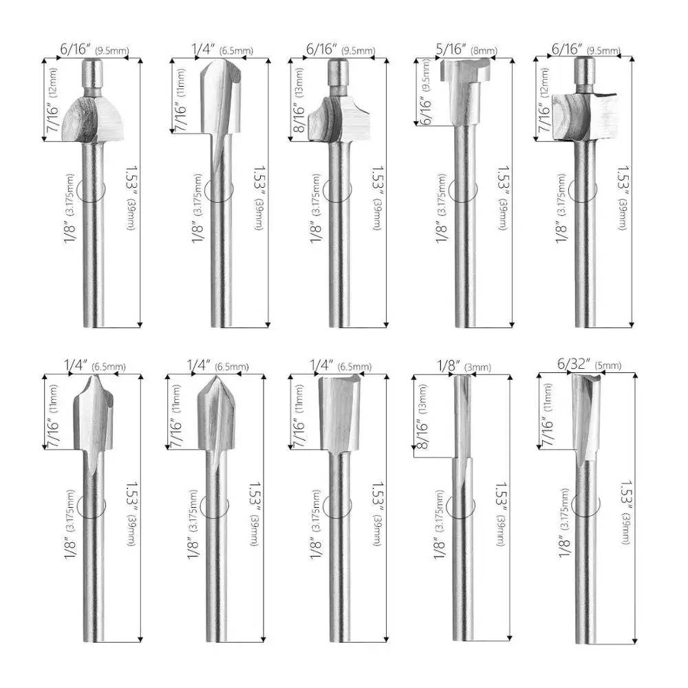 10pcs HSS Router Bits Wood Cutter Milling 1/8\