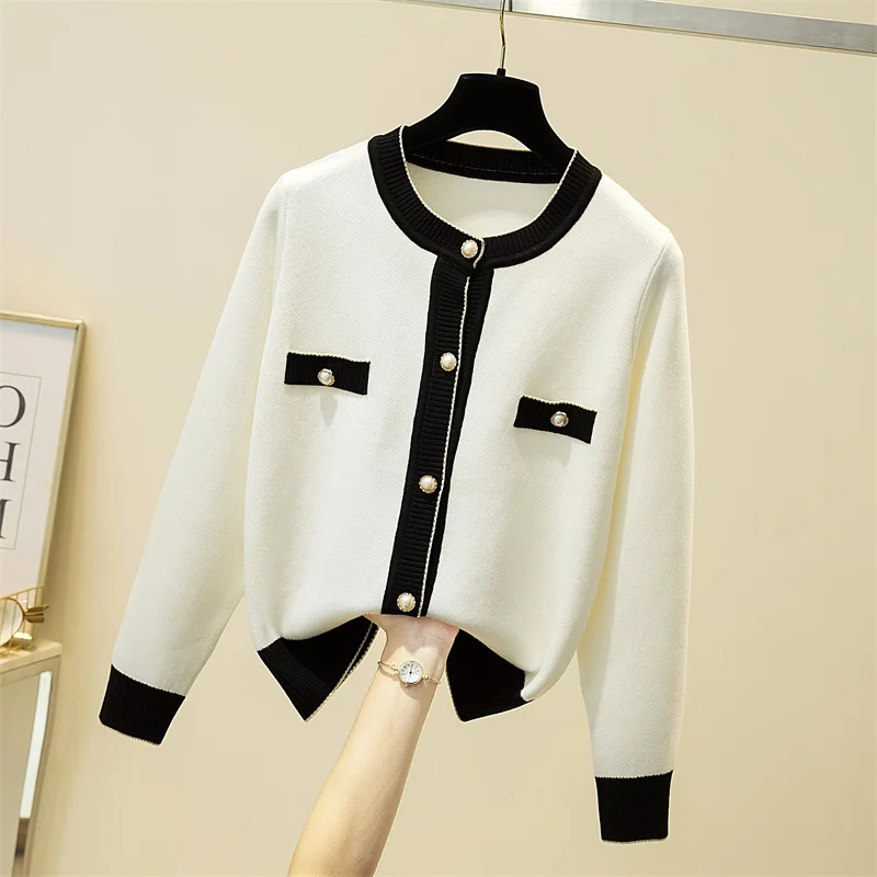 sueter mujer 2024 Elegant Women Sweater and Cardigans Button Up Pearl Beading Black White Formal Knit Jacket jersey mujer