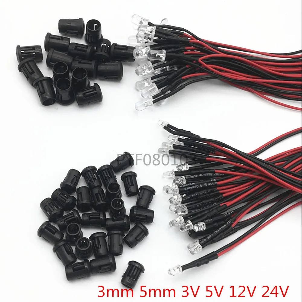 20pcs 3V 5V 12V DC 3mm/5mm 레드/그린/블루/RGB 라운드 Pre-Wired 물 명확한 플라스틱 홀더와 LED