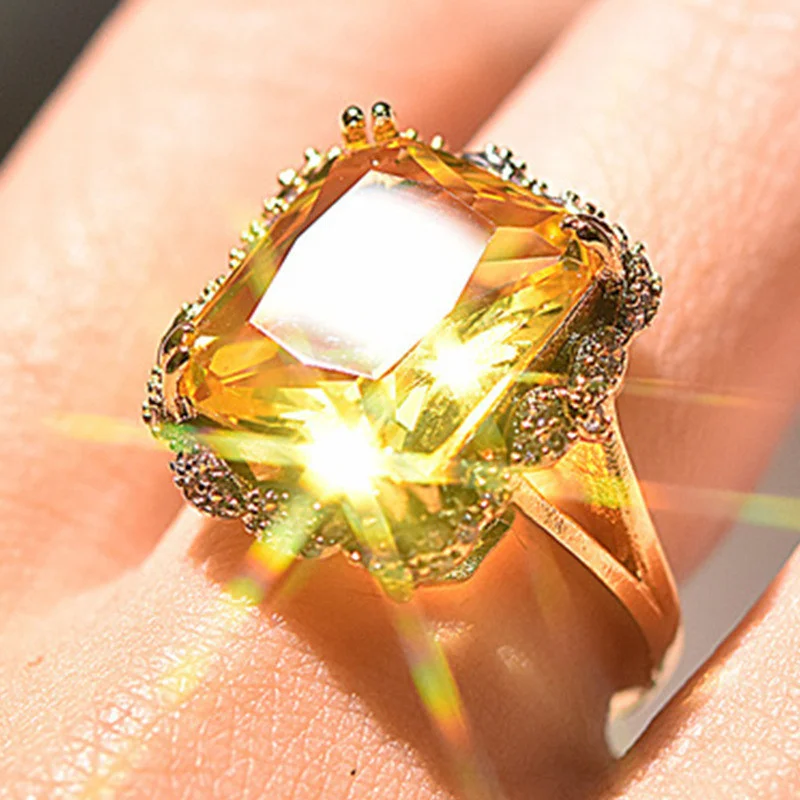 Milangirl  Square Cyrstal Engagement Ring Women Champagne Big Zircon Rings For Women Vintage Jewelry yellow Rings  Gifts