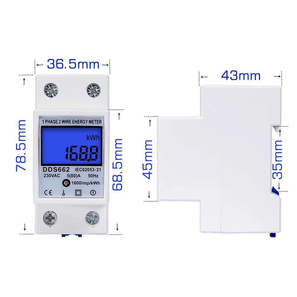 5(80)A 230V DIN RAIL 50Hz Digital Energy Meter KWH DIN RAIL METER  LCD Display DDS662 DIGITAL Single Phase kWh Counter Reset