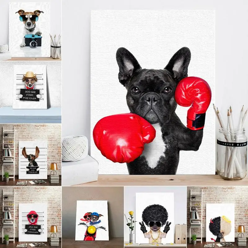 Nordic Style Boxing Dog Wall Art Canvas Funny Cartoon Animal Painting Poster Living Room Pictures Bedroom Home Decoration