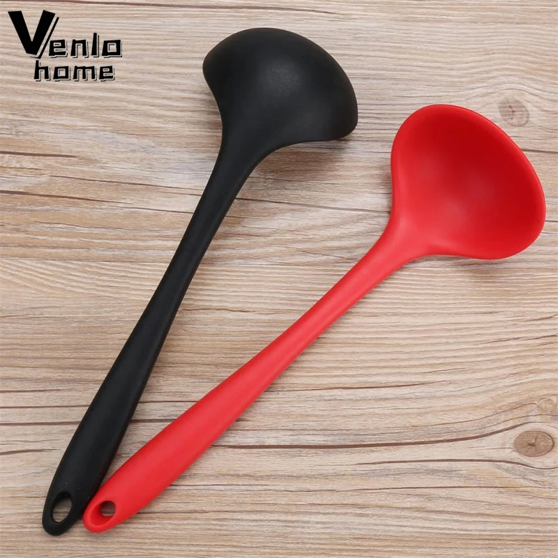 Venlohome Non-stick Silicone Ladle Soup Spoon Curved Handle Heat Resistant Round Scoop With Hygienic Coating FDA Cook Utensils