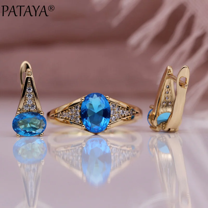 PATAYA New Winter Clearance Fashion Popular Women Fashion Jewelry Sets Oval Natural Zircon 585 Rose Gold Color Earrings Ring Set