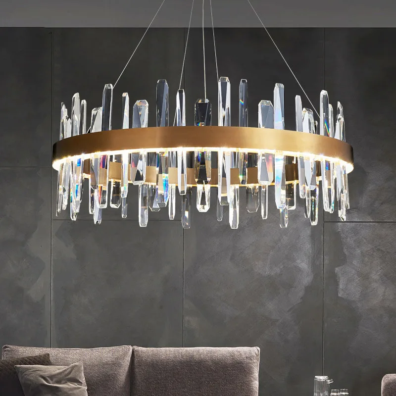 Luxurious Shine K9 Crystal Pendant Light Hotel Hanging Aluminium Lamp Round Long Shape for Living room Villa 3 Color Dim