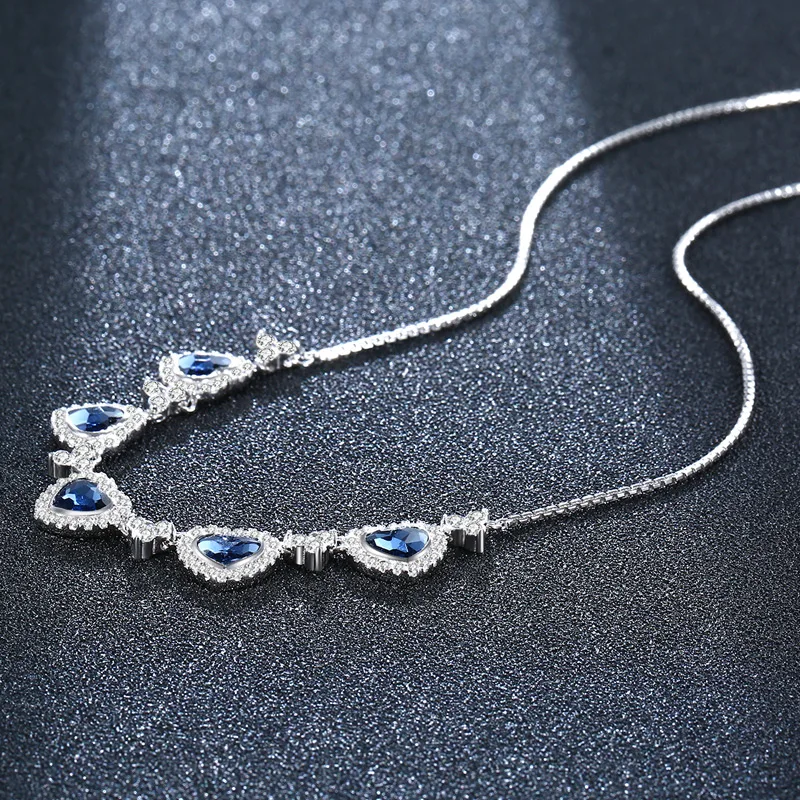 

SA SILVERAGE Chain Necklaces For Women Fine Jewelry 925 Sterling Silver Statement Necklace & Pendants Blue Crystal Heart Pendant