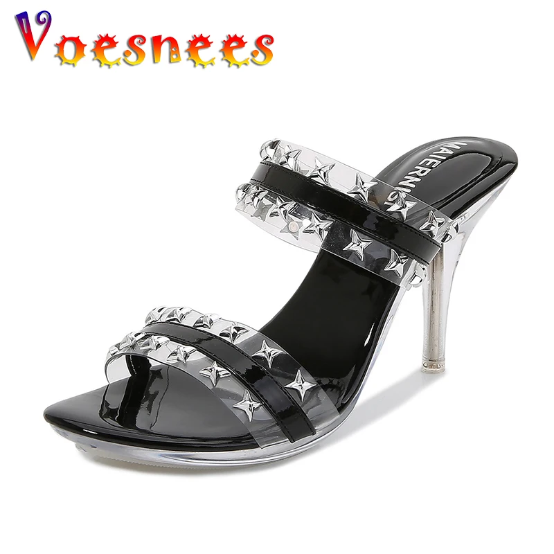 Voesnees Sexy Black Party Shoes Women Sandals 8cm Thin Heels Transparent Crystal Shiny High-heeled Sandals Rivets Roman Shoes