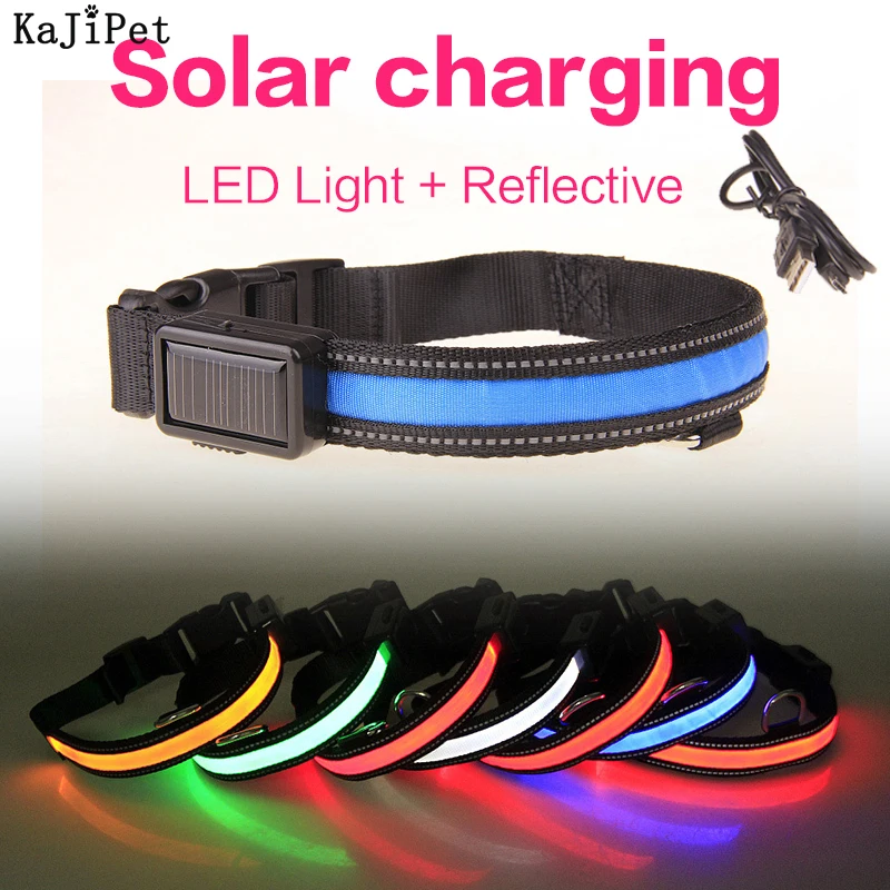 LED Dog Collar Light USB Rechargeable Solar Charging Nylon Pet Dog Collar Luminous Led Light Night Safety Glowing Dog Collar USB