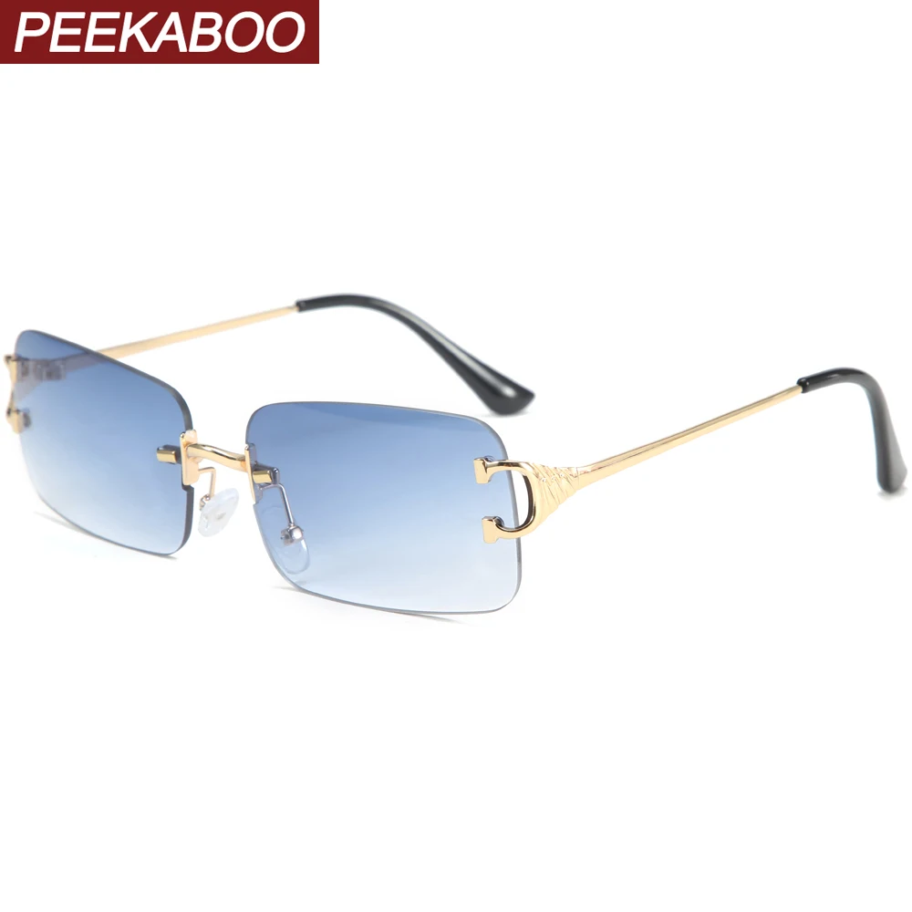 Peekaboo blue rectangular sunglasses rimless men metal fashion square sun glasses for women gradient lens frameless 2021 uv400