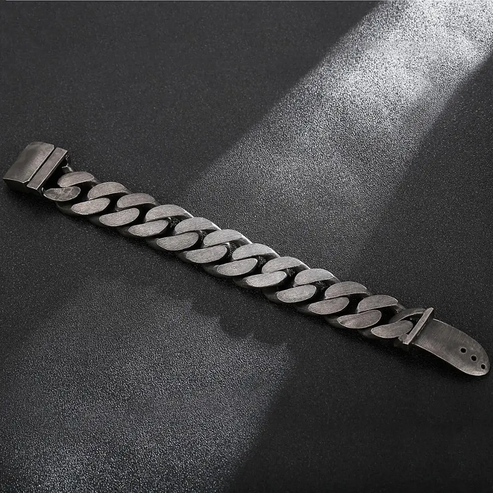 Fongten Heavy Black Metal Punk Wide Cuban Link Chain Men Bracelet Stainless Steel Fashion Biker Male Accessories