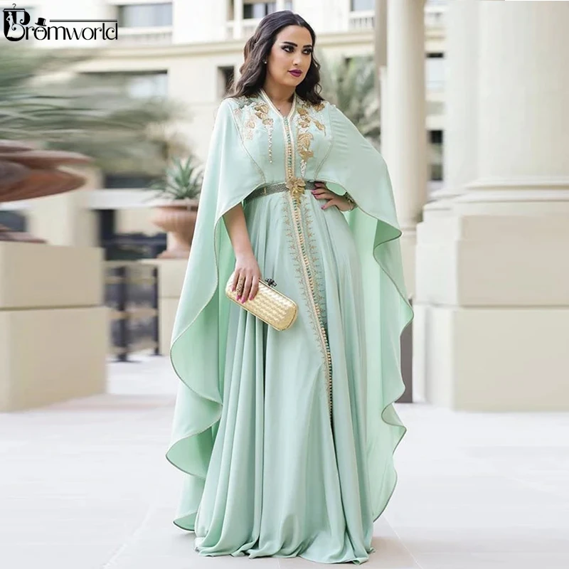 2021 Marokkaanse Caftan Mint Green Avond Party Jurken Lange Halve Mouwen Dubai Formele Avondjurk Met Borduurwerk