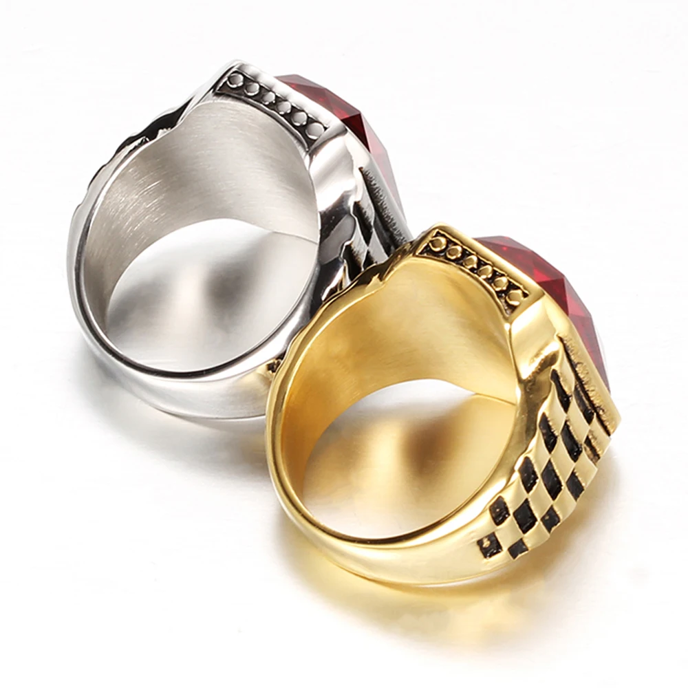 Man Punk Rings Vintage 316L STAINLESS Steel Red Gem Finger Ring With Stone Fashion Men Jewelry