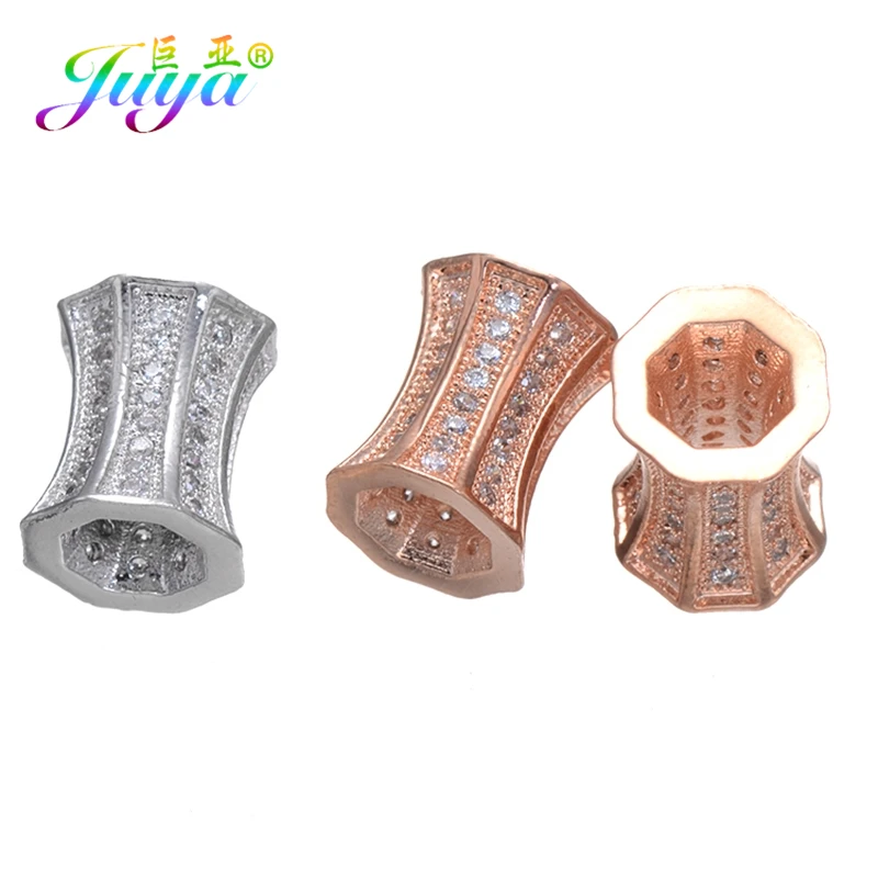 Juya Copper Spacer Charm Beads Supplies Micro Pave Cubic Zirconia Big Hole Tube Beads For Handmade Beading Jewelry Making