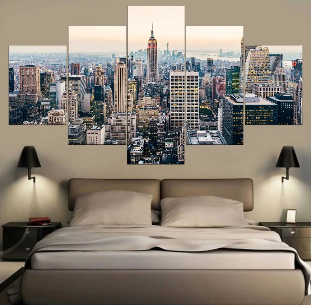 Manhattan Usa 5 Piece Modern New York City Skyscrapers Landscape Skyline Cityscape Painting In Canvas Home Decor Wall Art Poster