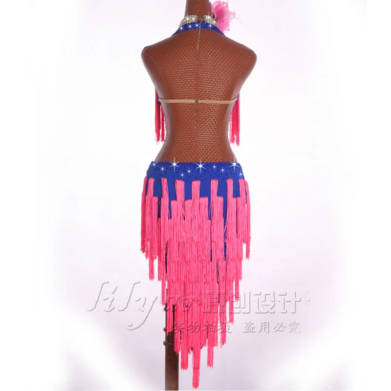 New Latin dress competition dress performance Dress Adult custom pink tassel open waist open back dance skirt