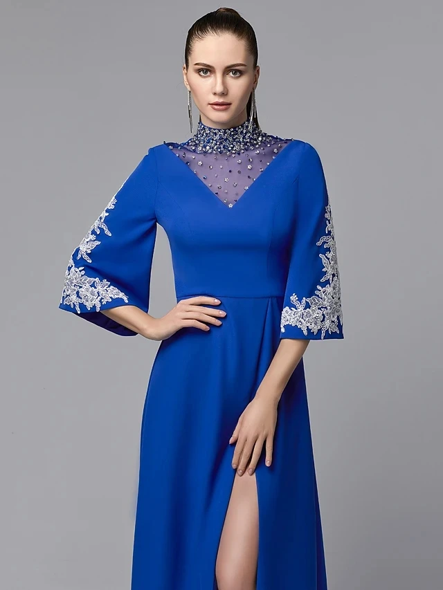 Vestido formal de noite dubai azul real, vestido com decote alto, meia manga, miçangas, frontal, vestido de baile, 2021