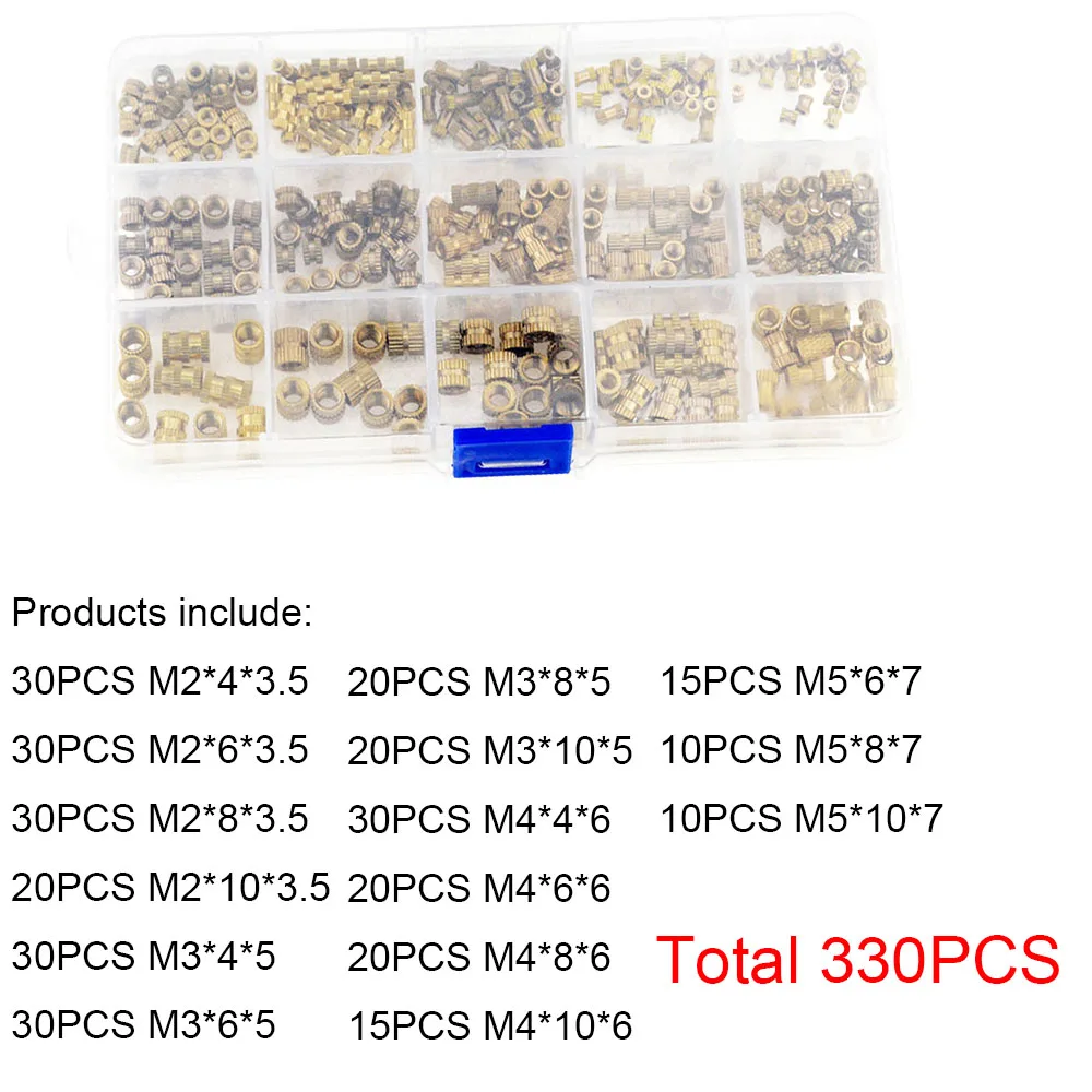 330PCS/Box M2 M3 M4 M5 Brass Insert Nut Injection Molding Brass Knurled Thread Inserts Nuts Assortment Kit M2*4 M3*8 M4*6  M5*10